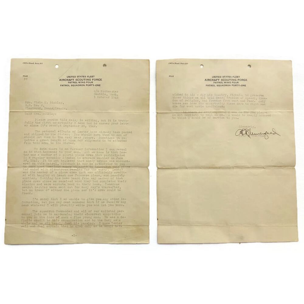 1942 WWII Aircraft Scouting Office Letter A.R. Blumenfeld to Viola K Binkley